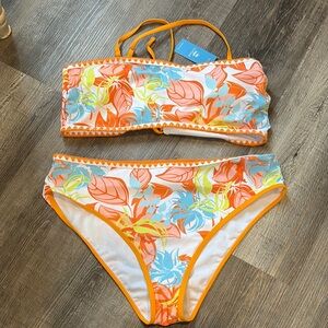 Floral Bikini Set with Orange Trim